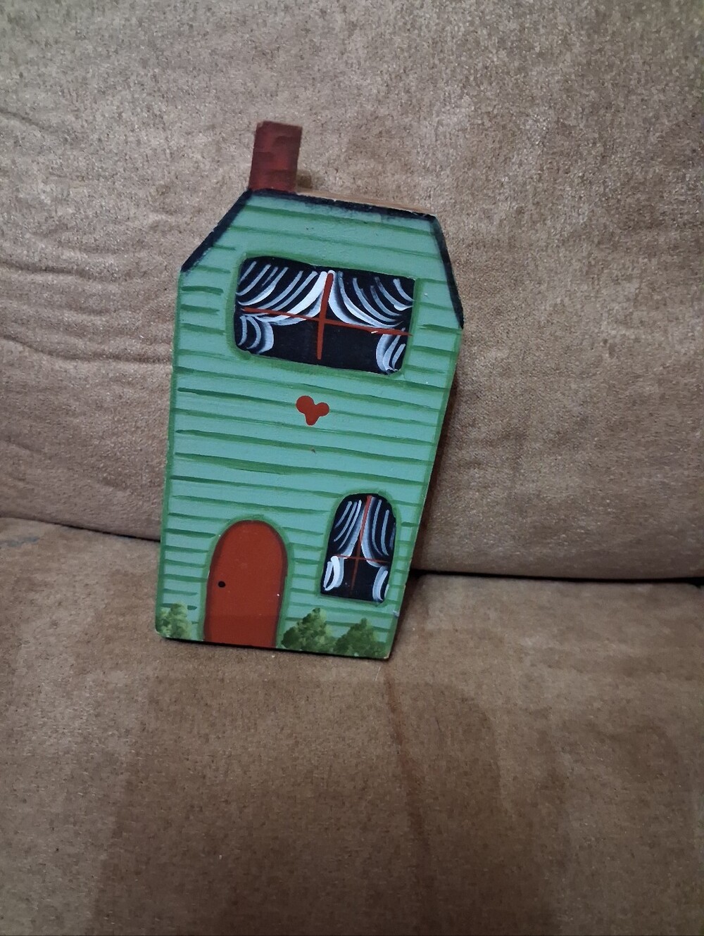 Green Wooden House Figurine with Orange Door
